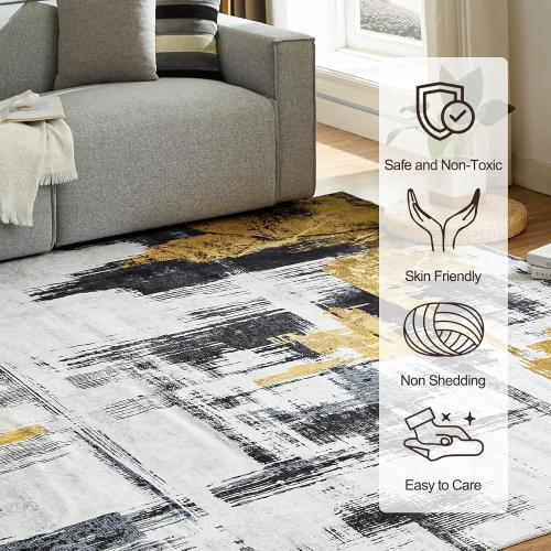 VKLiving Machine Washable 8'x10' Abstract Area Rug - Non Slip, Modern Woven, Soft Carpet for Living Room, Bedroom, Kitchen & Dining - Black
