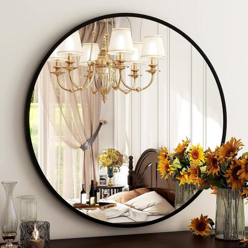 Round Mirror Black Wall Mounted Circle Mirrors Vanity Mirror with Brushed Aluminum Alloy Frame Modern Decoration for Bathroom, Living Room, Vanity, Bedroom, Entryway