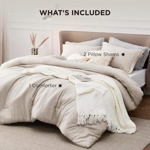 Bedsure Queen Comforter Set - Beige Soft Bedding for All Seasons, Cationic Dyed Bed Set, 3 Pieces, 1 Queen Size Comforter (90x90) and 2 Pillow Shams (20x26 2)