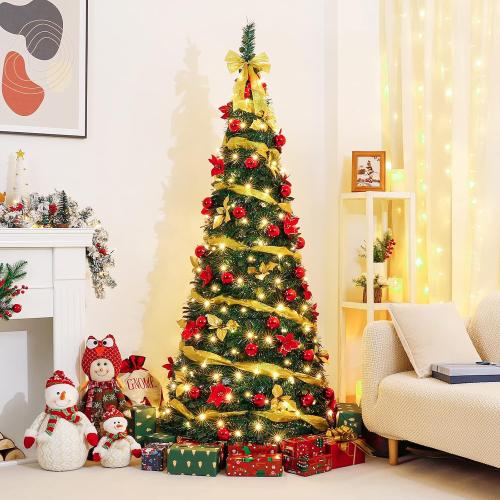 Decoway Pre Lit Pre Decorated Christmas Tree Pop Up Christmas Tree and Warm White LED Lights,Holiday Party Decorations,Red Gold (Yellow, 6 FT)