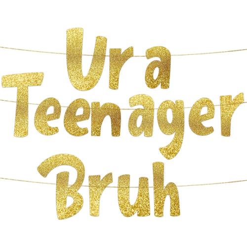 Sterling James Co. Pre-Strung Ur a Teenager Bruh Gold Glitter Banner - Funny 13th Birthday Decorations for Teen Boys and Girls - Birthday Party Supplies and Gifts