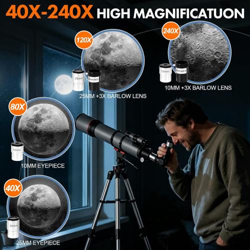 Aurosports Telescope for Adults High Powered - 90mm Aperture 800mm Portable Refractor Telescope for Adults Astronomy Beginners & Kids with Tripod Phone Adapter Carrying Bag