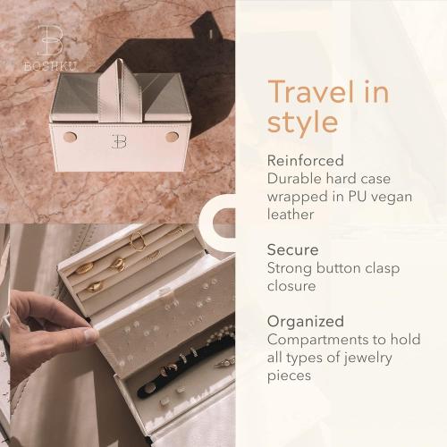 Travel Jewelry Organizer Jewelry Box – Luxurious, Compact Jewelry Travel Organizer w/Necklace Holder, Earring Organizer, Ring Holder, Hidden Compartments Jewelry Roll Case w/ 5X Capacity! (BEIGE)