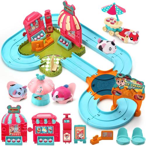 Hamster Car Track Toys for Kids - Pretend Play Ice Cream Theme Educational Track Car Games Set with 2 Mini Hamster Toys & Accessories, Birthday Gift for 3 4 5 6 7 Year Old Toddlers Boys Girls
