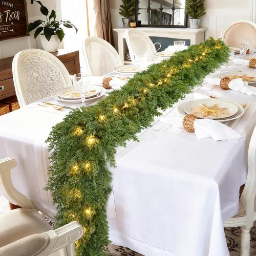 Lvydec Lighted Christmas Pine Garland Decoration, 9ft Realistic Cedar Cypress Garlands Christmas Greenery Garland with Lights for Holiday Mantel Fireplace Table Centerpiece (9ft)