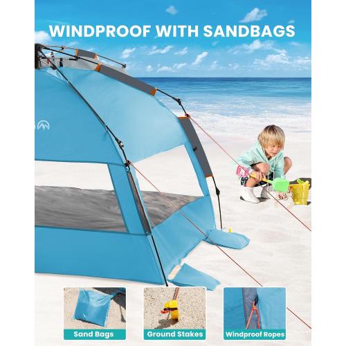 OutdoorMaster Beach Tent for 3-4 Person - Easy Setup and Portable Beach Shade Sun Shelter Canopy with UPF 50  UV Protection Removable Skylight Family Size