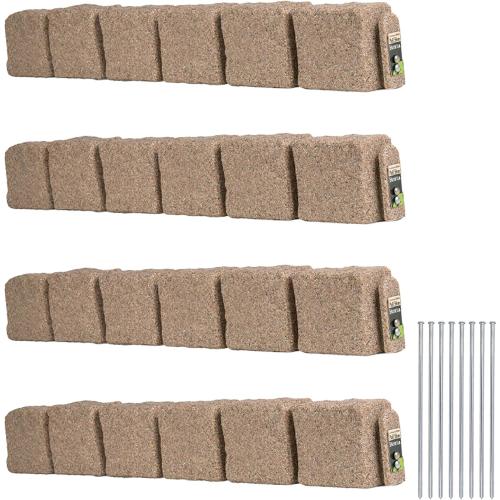 Beuta Landscape Edging | Garden Edging Border | Polyrock Blocks for Lawn Edging, Flower Beds & Yard Edging – 4 Pack | Each Section Has 6 Blocks 48 L x 4 W x 6.5 H | 8 Spikes | Sandstone
