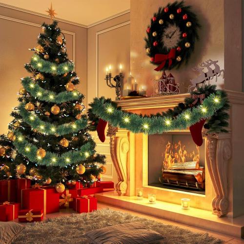 Kingdder 16.4 ft Christmas Tinsel Garland Lighted Metallic Twist Tree Decoration Prelit Battery Operated 50 LED Hanging Garland for Xmas New Year Home Outdoor Decor(Warm White, Green)