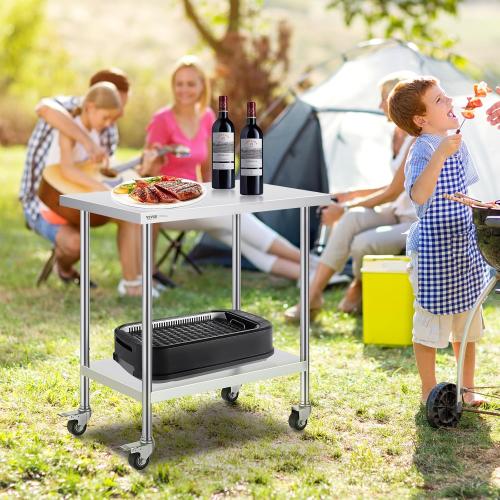 VEVOR Stainless Steel Table, with 4 Wheels, 3 Adjustable Height Levels, Heavy Duty Food Prep Work Table for Commercial Kitchen Restaurant, Silver