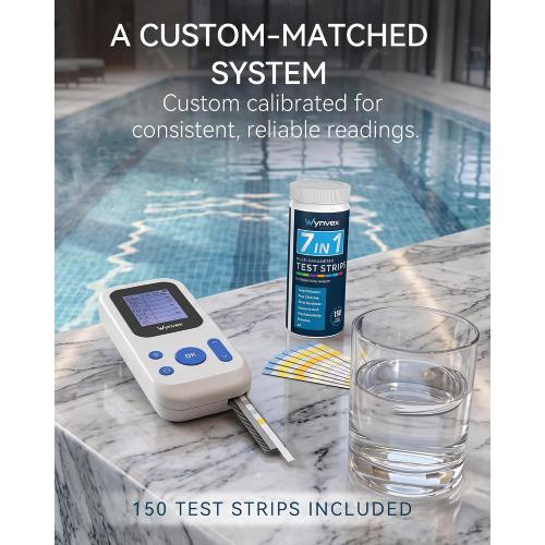 Digital Pool Water Test Kit with Digital Reader, Wynvex 7-in-1 Water Testing for Chlorine, Bromine, pH, Alkalinity & More, Includes 150 Test Strips for Pools