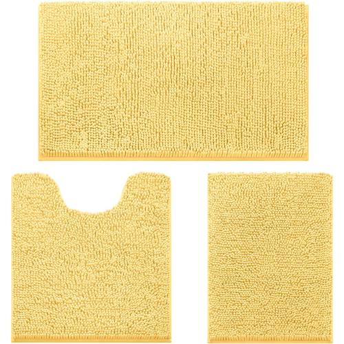 HOMEIDEAS 3 Pieces Bathroom Rugs, Ultra Soft Non Slip Absorbent Chenille Toilet Bath Mat Set (Yellow)