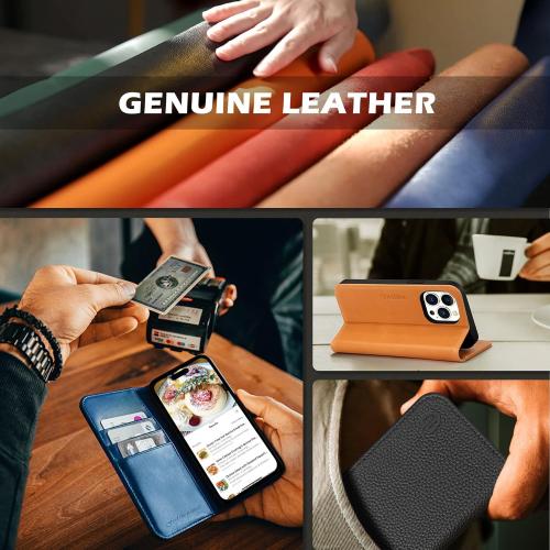 SHIELDON Case for iPhone 15 Pro Max 6.7, Genuine Leather Wallet Folio [Magnetic Closure] [RFID Blocking Card Slot] [Kickstand] Full Protection Case Compatible with iPhone 15 Pro Max 2023 - Black