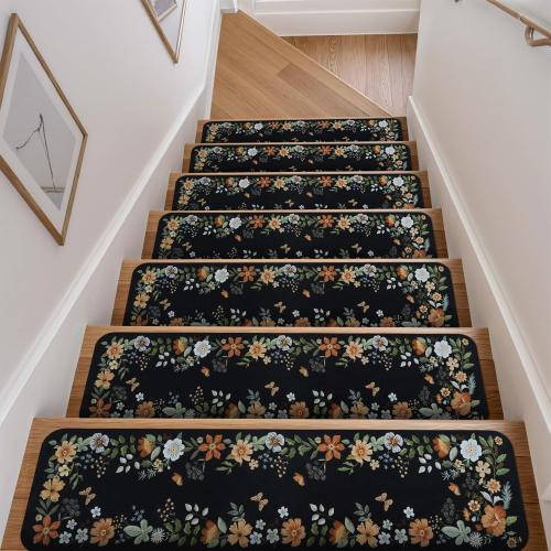 OJIA Floral Stair Treads Non-Slip Carpet Stair Treads for Wooden Steps Indoor 15PCS 30x8 Stair Runner Stair Mats Staircase Step Treads for Kids, Elders and Dogs, Stair Covers, Black