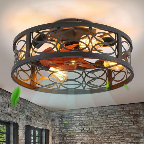 20 Caged Ceiling Fan with Light and Remote，Bladeless Ceiling Fan 6 Speed Reversible with 4 Bulbs and Remote Control.Low Profile Ceiling Fans with Lights for Bedroom, Dining Room