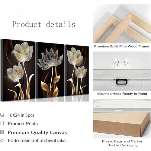 3 Pieces Modern Abstract Brown Flowers Canvas Wall Art Minimalism Black and Gold Floral Painting Pictures Luxury Wall Decor Posters Print Artwork for living room Office Bedroom Home Decoration
