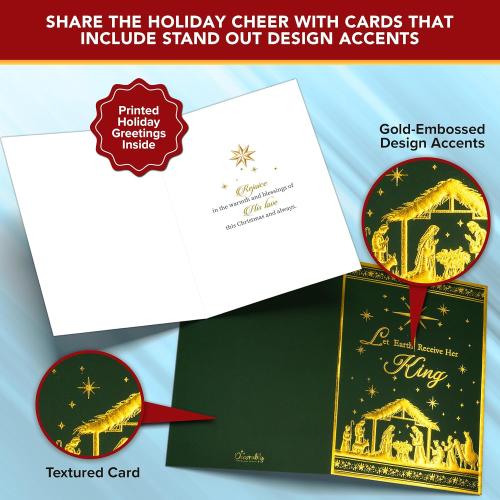 Decorably 18 Pack Gold Foil Embossed 5x7in Religious Christmas Cards with Envelopes & Stickers, 6 Elegant Holiday Designs Seasons Greetings for Friends & Loved Ones, Printed Message, Gifting, Mailing