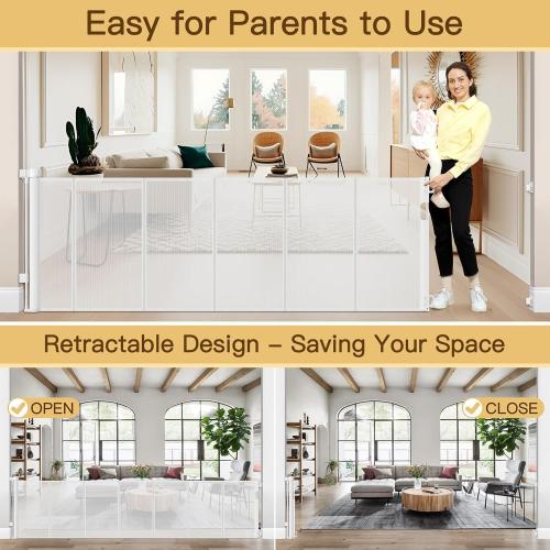 Reinforced 120 Inch Retractable Baby Gates Extra Wide Baby Gate with Reinforced Strips Indoor/Outdoor No Wrinkle Retractable Dog Gate for Doorway No Sag Outdoor Pet Gates for Wide Openings, White