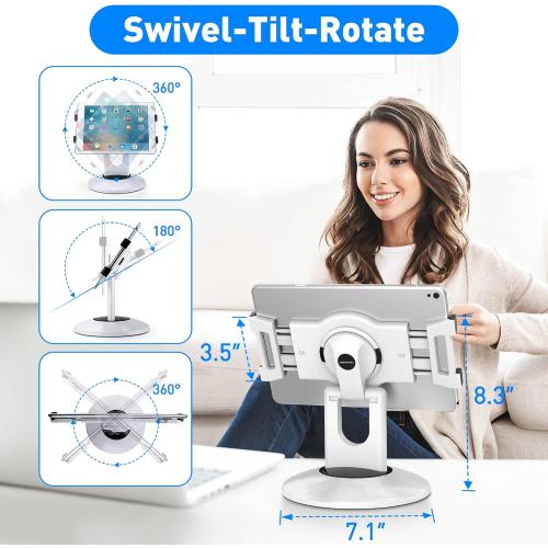 AboveTEK Retail Kiosk iPad Stand, 360° Rotating Commercial POS Tablet Stand, Fits 6-13 (Screens) iPad mini Pro-Business Swivel Tablet Holder, for Store Office Reception Kitchen Desktop (White)