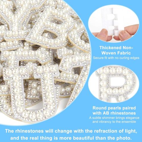 ASTARON 52 Pcs Self Adhesive Letter Patches Pearl Rhinestone Letter Stickers, Glitter Rhinestone Letters A-Z Embroidered Applique Patches Alphabet Cloth Patch for Clothes, Bags, Hat, Phone Case, DIY