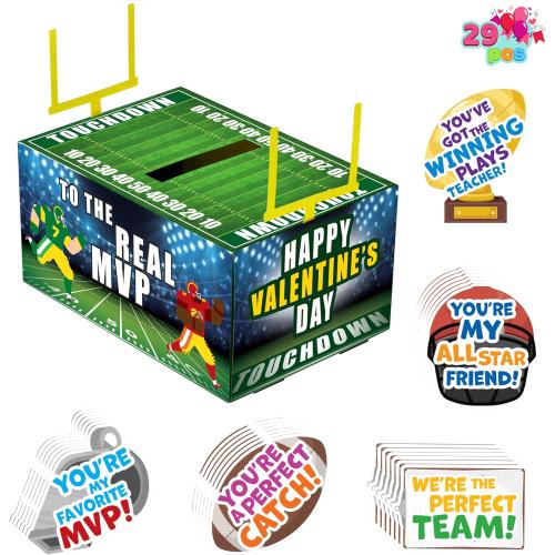 JOYIN Valentine Boxes Football Classroom Mailbox with Cards for Kids, Party Favor School Exchange Prizes with Teacher Card, 4 Designs, 29 Pcs
