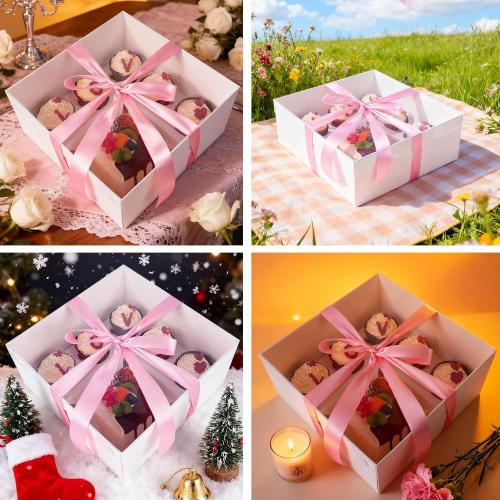 6 Packs 1 5 bento cake box with cupcakes,full clear lid,1 small Cake and 5 Cupcakes Box,Pink ribbon and Stickers for Family Birthday Party Mother's day (Pink ribbon)