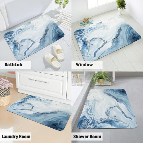 MitoVilla Blue Marble Bathroom Rug Mat, Non Slip, Absorbent, Diatom Mud, Modern, Machine Made, Low Pile, 3.5mm Thick, Bath Mat
