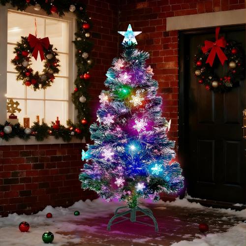Prsildan 5 FT Artificial Christmas Tree, Pre-Lit Optical Fiber Xmas Trees with Multicolor LED Lights, Snowflakes & Top Star, Lighted Christmas Tree Holiday Home Decor