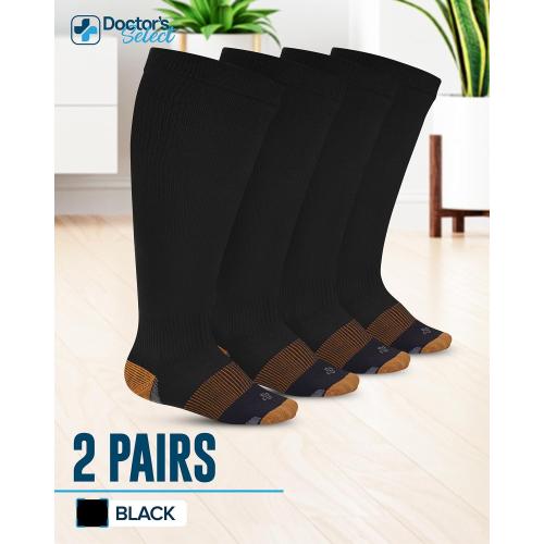 2 pair Size Plus Color Black Doctor's Select Copper Plus Size Compression Socks Wide Calf - 2 Pairs | 20-30mmHg Extra Wide Calf Compression Socks Women Copper for Swelling, Varicose Veins | Black