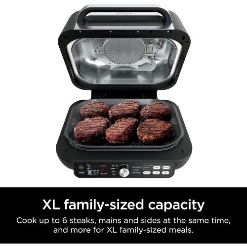 Black 12 Ninja IG651 Foodi Smart XL Pro 7-in-1 Indoor Grill/Griddle Combo, use Opened or Closed, Air Fry, Dehydrate & More, Pro Power Grate, Flat Top, Crisper, Smart Thermometer