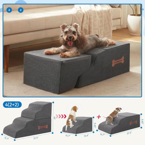 Dog Stairs 4 Steps for Small Dogs and Cats to Get on High Beds, Couch or Car, Pets Can Climb, Sit, Lie Down or Perch to Look Out Windows on The Spliceable Ramp, Provides Support, Grey（19 H）
