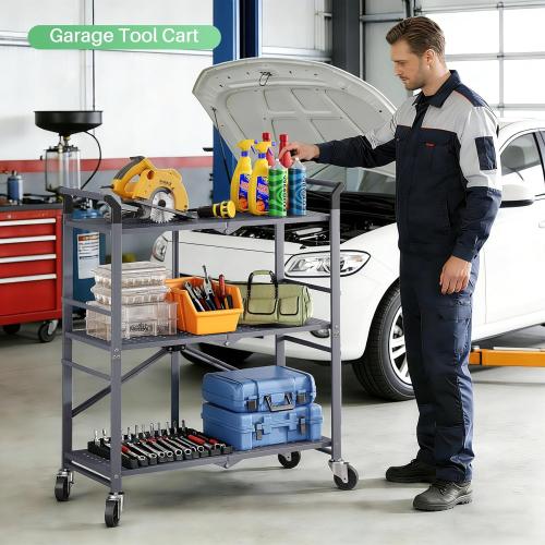 3 Tier Utility Carts - Folding Metal Rolling Cart with Wheels for Kitchen Office Garage Storage, Grey