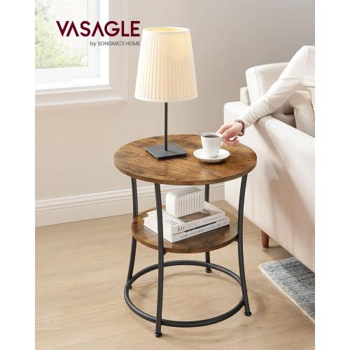 VASAGLE Side Table, 2-Tier Round End Table, Nightstand with Steel Frame for Small Spaces, Living Room, Bedroom, Rustic Brown and Ink Black