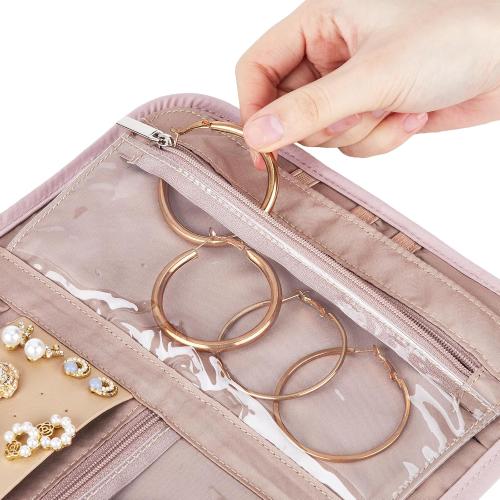 BELALIFE Travel Jewelry Case Organizer, Medium Foldable Storage Roll for Earrings, Necklaces, Rings, Bracelets, Brooches, Pink