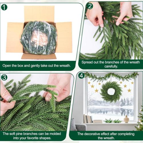 24 Inch Norfolk Pine Wreath, Real Touch Artificial Green Christmas Wreaths for Front Door, Windows, Porch, Wall, Indoor, Outdoor Xmas Holiday Decorations
