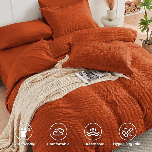 HYMOKEGE Burnt Orange Queen Comforter Set Seersucker 7 Pieces, All Season Luxury Bed in a Bag for Bedroom, Bedding Set with Comforters, Sheets, Pillowcases & Shams