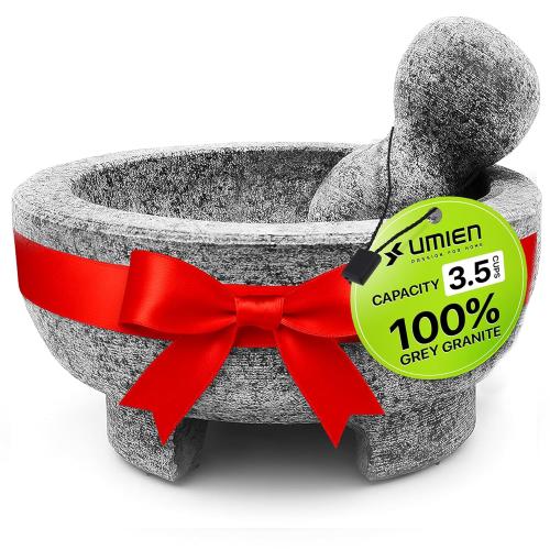 Umien Granite Mortar and Pestle Set - 8-Inch Natural Stone Molcajete with Avocado Tool - 3.5 Cup Capacity for Spices, Herbs, Pestos & Guacamole - Premium Kitchen Christmas Gift (Grey)