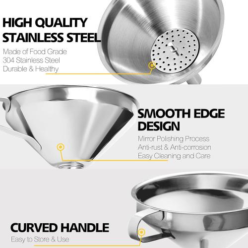 Anaeat Stainless Steel Kitchen Funnel, Multi-Use Premium Metal Food Grade Cooking Funnels with 2 Removable Strainer Filter for Transferring Liquid or Dry ingredients, Oils & 1 Pc Cleaning Brush (5.0)