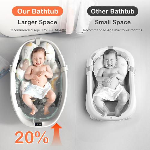 Collapsible Baby Bathtub - Large Baby Bath Tub with Thermometer & Cushion | Travel Portable Newborn Infant Bathtub | Foldable Toddler Bathtub for Baby 0 to 36 Months (Grey)