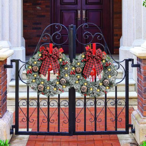 Geosar 3 Pcs Lighted Christmas Wreath, 13.8 Inch LED Christmas Wreaths with Buffalo Check Bow Pine Cone Berry, Small Lighted Xmas Window Wreaths for Front Door Wall Party Decor (Frosted)