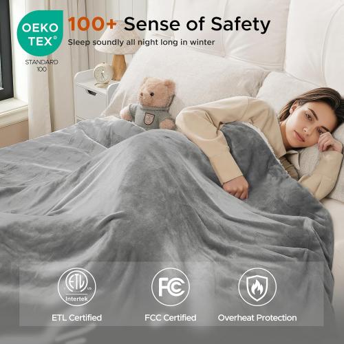 Electric Heated Blanket Throw Soft Cozy Sherpa Fabric Dual-Sided, 9 Heat Settings & 2-10 Hours Auto Off, Warming Heated Throw for Home Office, Machine Washable, Gray
