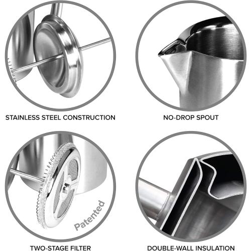 Frieling Double-Walled Stainless Steel French Press Coffee Maker - 44 oz, Polished, Extra Large Stainless Steel Coffee Press for Commercial Use - Camping Coffee Makers & Tea Press