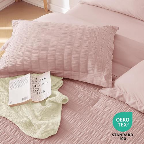 MUXHOMO 7 Pieces California King Comforter Set, Seersucker Bed in a Bag Cal King Size, All Season Luxury Bedding Set with Comforter, Flat Sheet, Fitted Sheet, Pillowcases & Shams, Rose Gold
