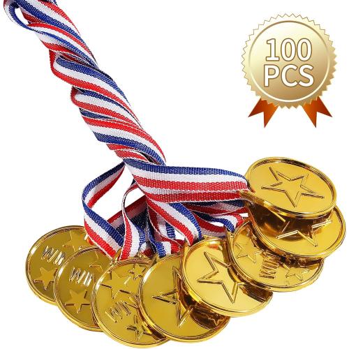 100 Pieces Gold Plastic Winner Medals for Awards for Kids, Award Medals for Kids Sports Awards, Games Competitions, Prizes,Party Favors and Decorations.