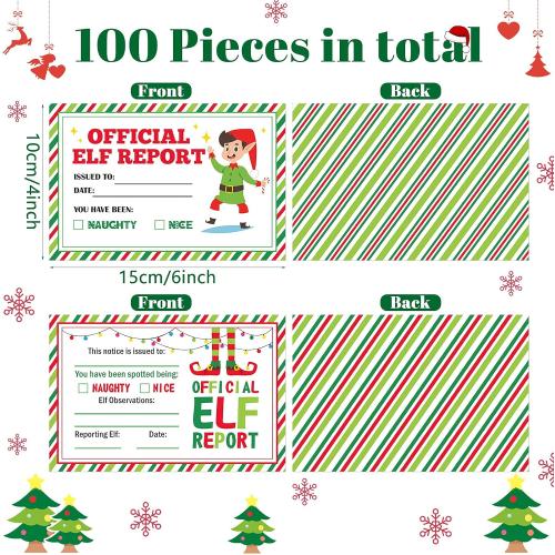 Marspark 100 Pcs Christmas Official Elf Reports 4 x 6 Inch Elf Notes Cards Elves Notice Naughty or Nice Behavior and Accompany Your Elf for Holiday Students Kid Preschool 2 Styles