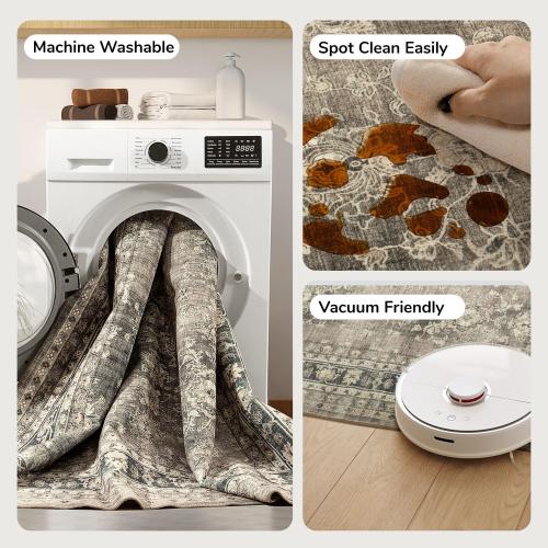 Area Rugs for Living Room, Machine Washable Non Slip Rug, Soft Low Pile Carpet for Bedroom Dining Home Office, Vintage Brown Distressed Floral Floor Mat