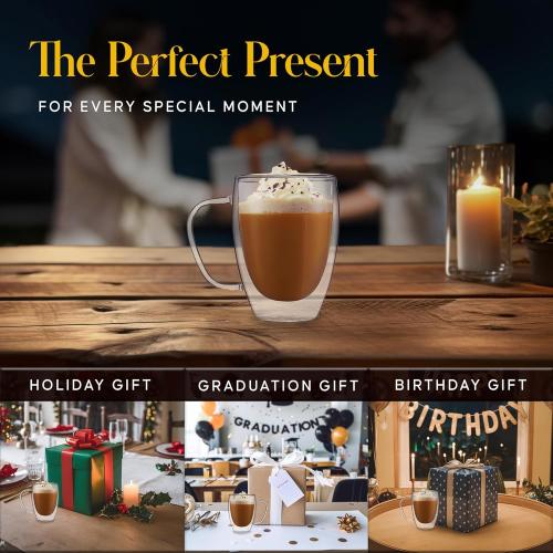 Kitchables Double Walled Glass Coffee Mugs Set of 2, 12oz - Insulated Glass Coffee Mugs for Cappuccino, Latte, Tea, Espresso - Latte Cup - Tazas Para Cafe