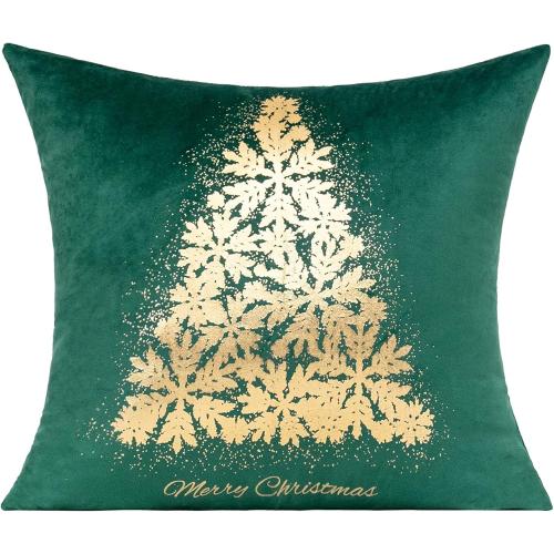 All Smiles Christmas Decorations Throw Pillow Covers Cases 16X16 Set of 4 Winter Xmas Indoor Home Décor Ornaments Velvet Navidad Cushion for Sofa Christmas Tree Snowflake Reindeer， Dark Green Gold