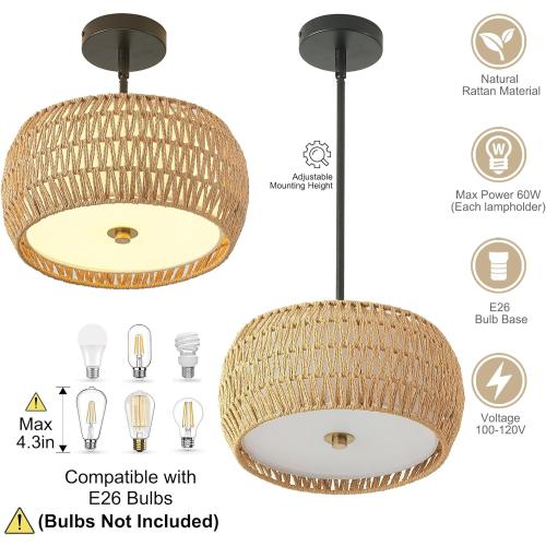 Rattan Pendant Light Kitchen Island,12.8 Hand-woven Modern Semi Flush Mount Ceiling Light Fixture,Boho Woven Lamp Shade Chandelier,Adjustable Farmhouse Hanging Light for Bedroom Bar Hallway