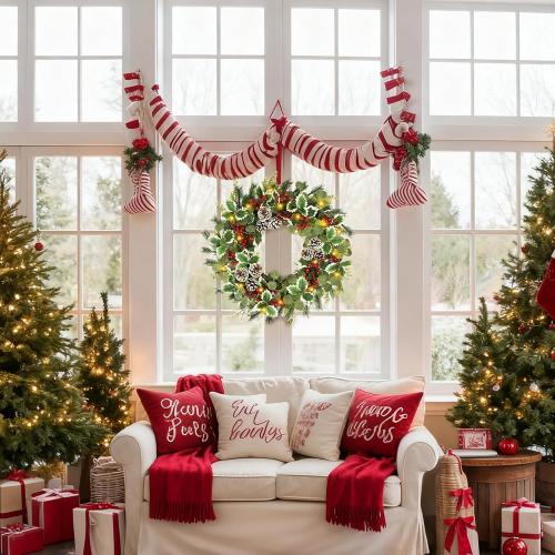 22 Inch Pre-lit Christmas Wreath for Front Door, Artificial Outdoor Christmas Wreath with 50 LED Lights, Real Pine Cones Red Berries Winter Xmas Wreaths for Indoor Porch Party Decorations