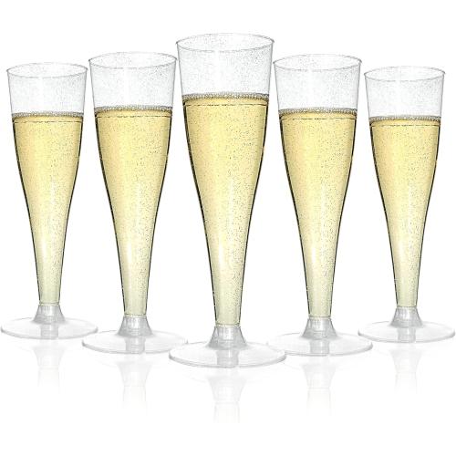 100 Pack Champagne Flutes Plastic, 4.5 oz Silver Glitter Plastic Disposable Stemware, Disposable Champagne Flutes for Party, Mimosa Bar, Wedding, Anniversary and Graduation